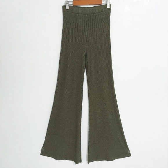 Pants - Women's Pants Flared Olive Green Small Soft Contrast Striped Knit Super Stretch